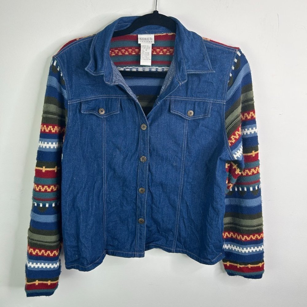 Koret City Blues Denim Jacket Colorful Knit‎ Sleeves Western Boho Style